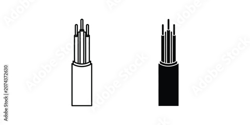 Fiber optic cable in outline and solid black styles for speed internet and telecommunications infrastructure