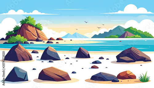 Rocks on a sandy beach shore.