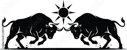 Tableau sur toile Powerful bull fight silhouette vector, aggressive charging bulls clashing horns