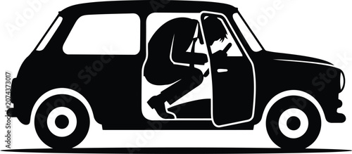Vintage small car silhouette with tall man, humorous cramped driver in tiny classic vehicle, black and white minimalist automotive vector illustration
