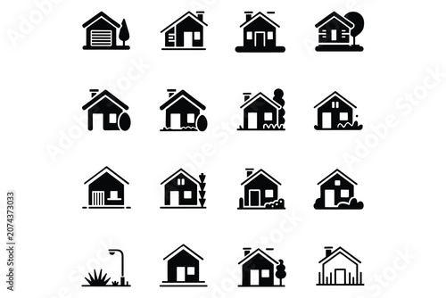 Fotografie Collection of black house icons with trees and garages on white background Keywo