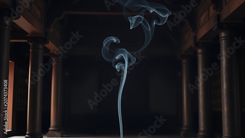 Ancient temple interior with blue-gray incense smoke rising in a spiral, serene atmosphere.