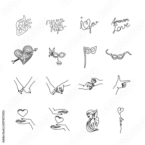 Minimalist one line art collection featuring romantic quotes, hearts, hands, masquerade masks, anatomical heart continuous line illustrations. Perfect for logos, tattoos, stickers, branding, prints.