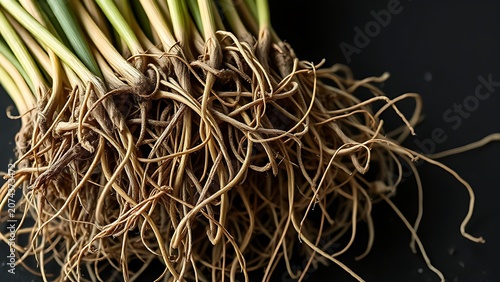 A dense cluster of vetiver grass roots, intricate and detailed on a dark background.