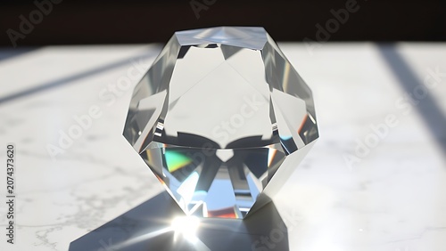 Clear icosahedron crystal paperweight refracting sunlight on marble surface.