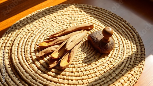 A handwoven raffia table mat with vanilla pods and a wooden carving.
