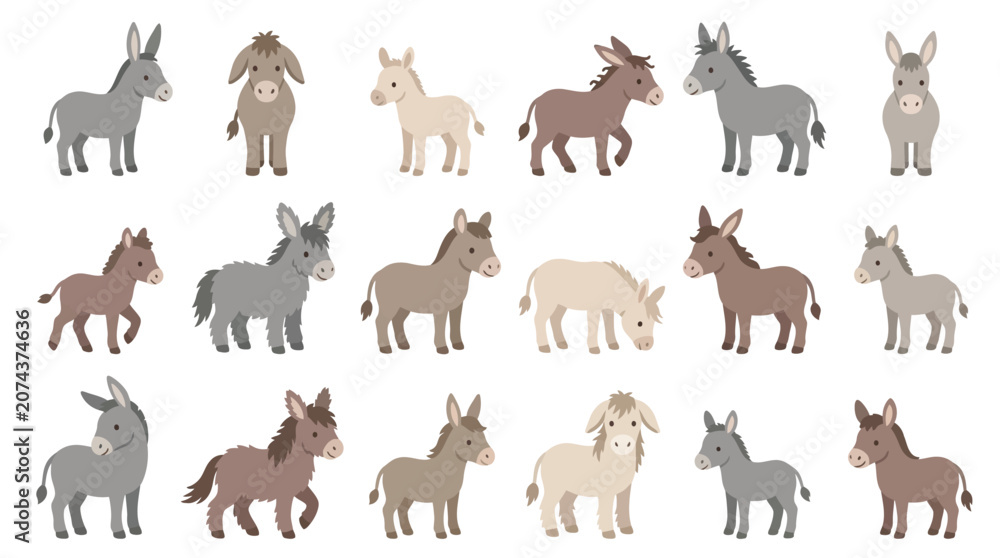 Fototapeta premium Collection of various donkey illustrations in different poses and colors, isolated on a white background.