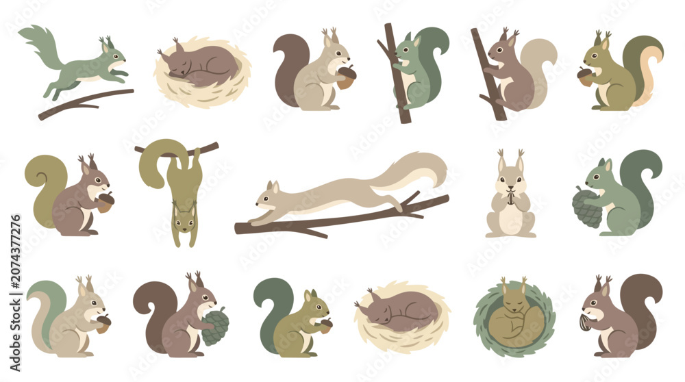 Obraz premium Collection of cute cartoon squirrels in various poses and activities, including running, sleeping, and holding nuts.
