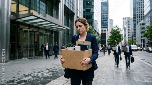 Sad businesswoman carrying cardboard box with personal belongings after being fired from her job on city street.
