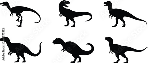 Vászonkép Dinosaur black silhouettes vector icons set featuring various predatory theropod