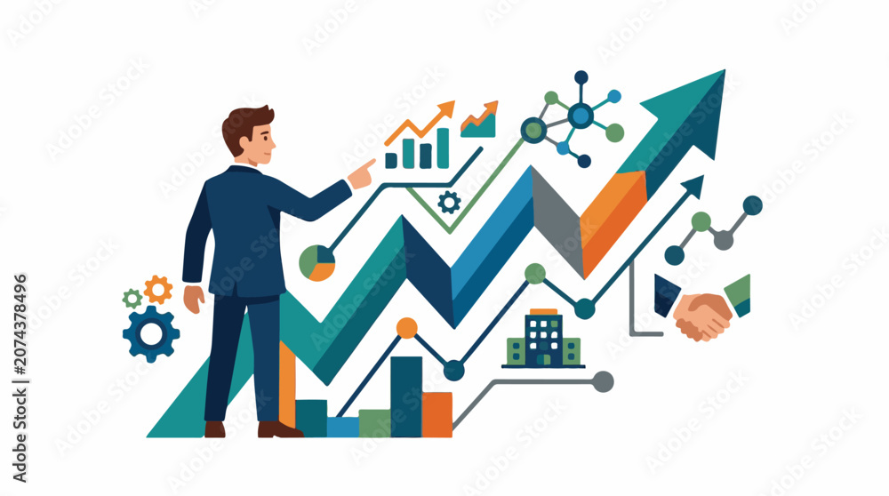 Naklejka premium A man in a blue suit pointing at a large upward-trending graph with various business-related icons