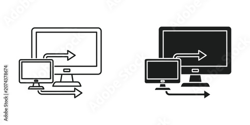 Tableau sur toile Computer screen data transfer set, outline and solid black symbols for network c