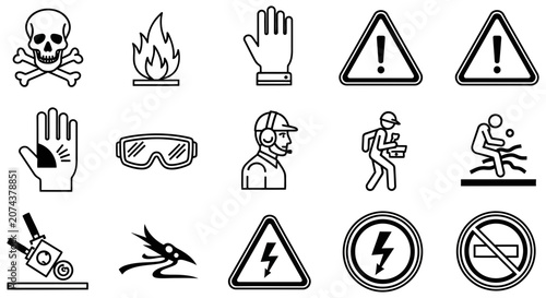 Collection of industrial safety hazard warning signs and equipment icons