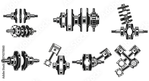 Detailed mechanical engine parts displayed as a professional vector illustration set