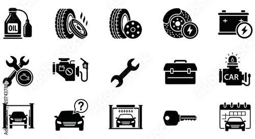 Collection of various automotive repair service icons in flat style