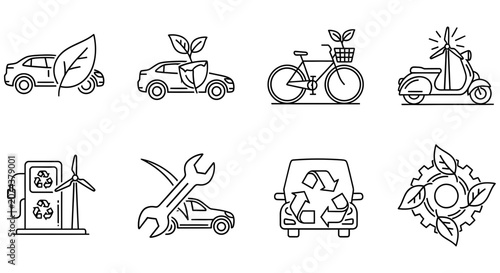 Collection of eco friendly transportation and green energy line icons