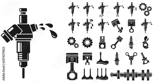 Set of black car engine parts icons for mechanical repairs