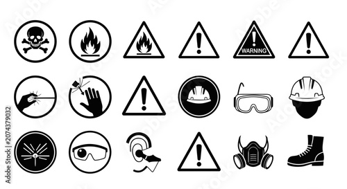 Set of industrial safety signs and personal protective equipment icons