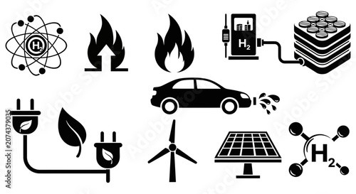 Set of black hydrogen energy and renewable power source icons