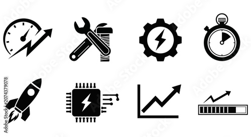Set of black flat icons representing business growth and performance