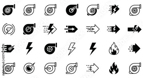Set of black turbocharger and speed motion icons for automotive design