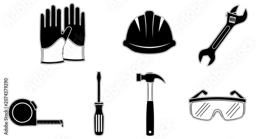 Collection of essential construction tools and safety equipment vector icons set