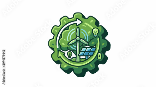 A green gear icon with a wind turbine solar panel and light bulb