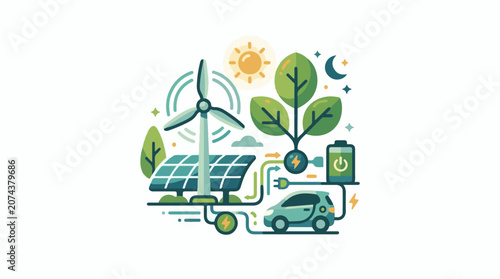 A green car charged by solar and wind power with a tree and battery