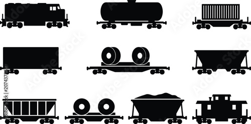Freight train silhouette icons set including locomotive tanker flatcar hopper boxcar and caboose for logistics design