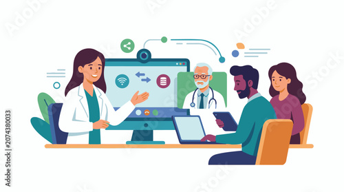 A doctor consults with a patient and family using a computer