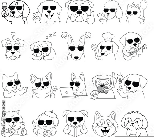Dogs and cats wearing sunglasses doing various activities in EMOT illustrations. Collection of dog and cat illustrations wearing sunglasses and engaging in different activities. dog, cat, sunglasses, 