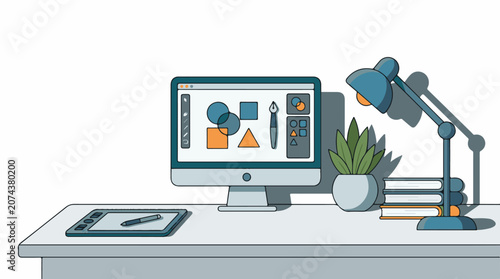 A desk with a computer books plant lamp and graphics tablet on a white background