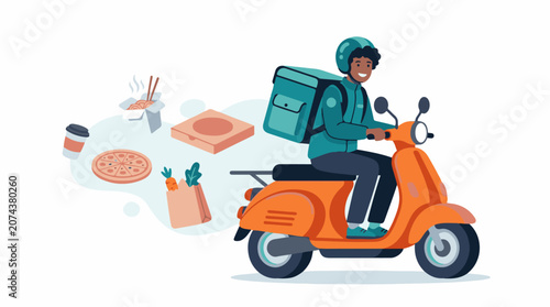 A delivery person rides an orange scooter with food items floating beside