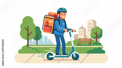 A delivery person rides an electric scooter through a park with a city backdrop