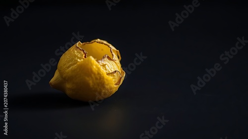 A single dried and withered lemon on a dark surface, emphasizing texture.