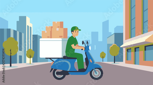 A delivery person rides a blue scooter through a city street