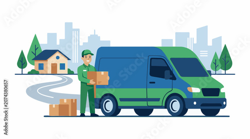 A delivery man in green uniform holding a box standing next to a blue and green van