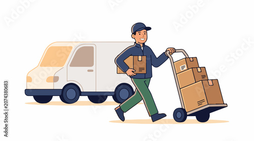 A delivery man pushing a dolly loaded with boxes next to a van
