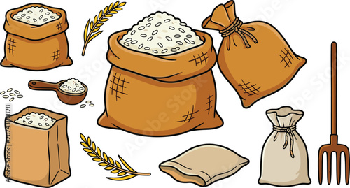 Bild auf Leinwand Organic Grain Harvest Sacks Bag Wheat Stalks and Rice Scoop Vector Clipart Set