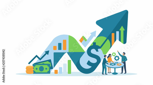 A colorful illustration of people working together around a table with a large dollar sign and graphs