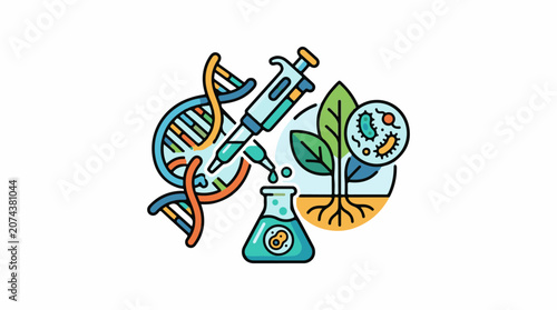 A colorful illustration of biotechnology elements including DNA a syringe a plant and a petri dish