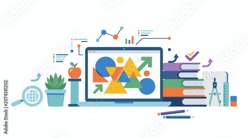 A colorful illustration of a laptop surrounded by office and school supplies with various graphs and charts