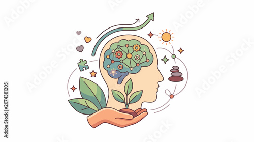A colorful illustration of a human head with a brain containing gears and a plant growing out of a hand