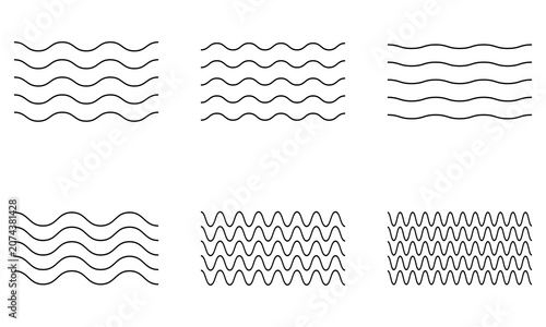 Sea wave icon set. Set of thin line waves. Various wave water lake river. Water logo, line ocean symbol in vector flat style. Seamless abstract line pattern. Water outline symbol. Sea and Ocean signs