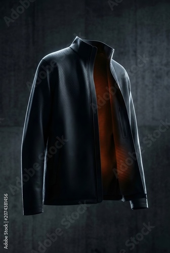 Futuristic Matte Black Graphene Jacket with Hexagonal Carbon Lattice Texture on Invisible Hanger