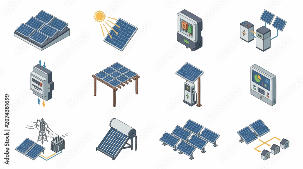 Fototapeta premium Flat Design Solar Energy Technology Icons Set.