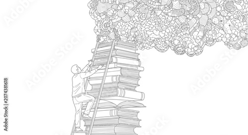Man climbing ladder on book stack reaching for creative ideas