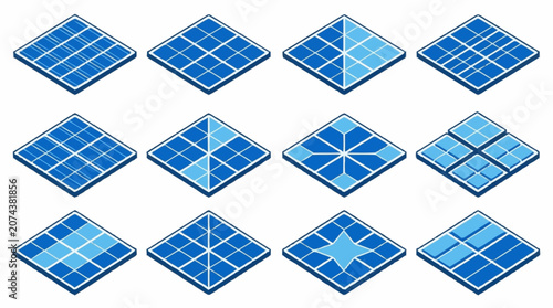 Collection of blue geometric tile patterns arranged in grid.