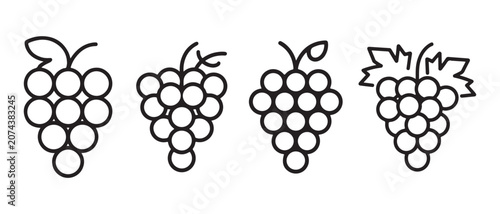 Set of four simple black line icons of grape bunches with leaves.