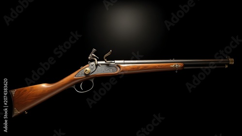 Antique flintlock musket with ornate wooden stock and brass fittings.